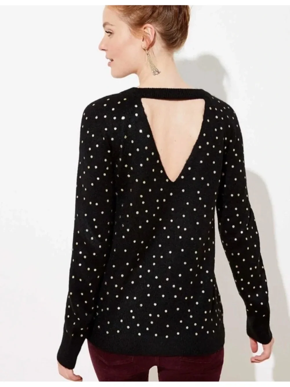 Loft Black Crew Neck Sweater With Gold Metallic Polka Dots Size XS EUC